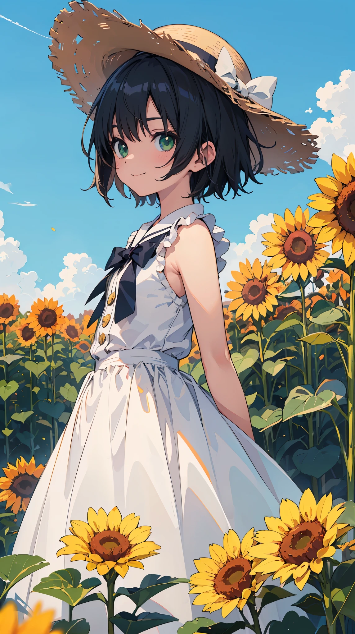 (masterpiece:1.2), (Highest quality:1.2),((Anime Girls)), (Lolita,boyish, 13 years old:1.3),smile, Wink, , Androgynous charm, (Very short hair), ((Black Hair)), Messy Hair, Green Eyes, High resolution detailed hair, Light green dress, Sunflower field,Straw hat, arms behind back,From the side,whole body,Gweiz-style artwork, Makoto Shinkai&#39;s art style, lofi portrait, Digital anime art, Makoto Shinkai style, LOFI Girl, Anime-style illustrations, lofi art style, Anime illustration