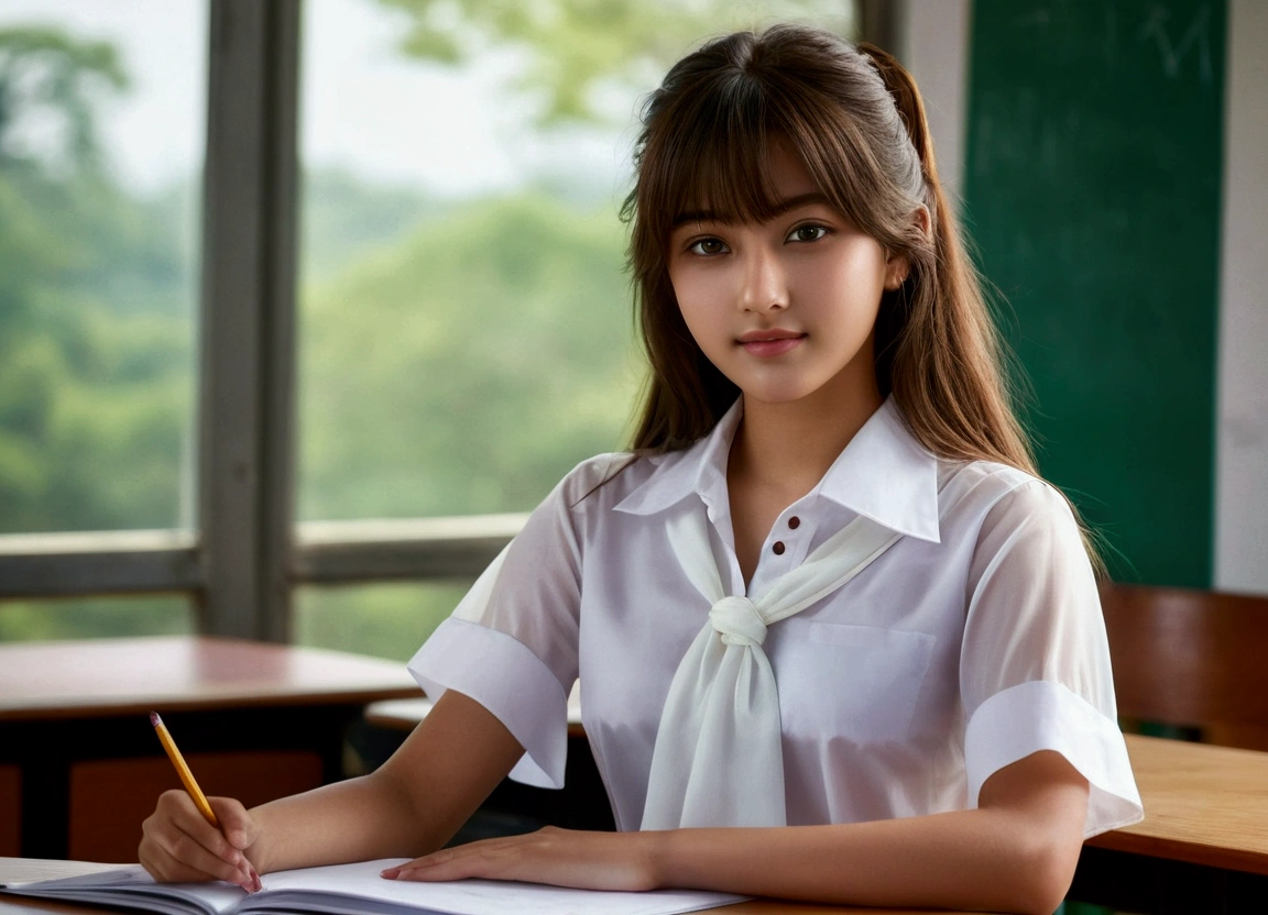 Portrait of a young Indian high school girl, Desks in the classroom,Chair,window, A high school girl wearing a white summer blouse uniform,(Detailed skin:1.2),(Glowing Skin:1.1),Highest quality, masterpiece, Ultra-high resolution,(Realistic:1.4), RAW Photos,(Soft Saturation:1.3),(Fair skin:1.2), One Japanese idol,Thin lips, Brown eyes, (View your viewers), , Detailed face, Perfect female body, Her semi-long hair is tied behind both ears,Hair swaying softly in the wind, Asymmetrical bangs, Light brown hair, 非常にDetailed face,Large Breasts,whole body,Knee-length skirt,A smile that shows some front teeth