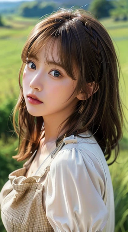 (From above:1),((One Girl)),Light brown fringed hair、Braided hair、Disheveled Hair、Light brown eyes、(Dignified look)、(Floral Dress),(Big Tits)、No shoulders、Best、((Full nudity))、((Highlight the valley))、grassland、blue sky、(Photorealistic)、(Intricate details:1.2)、(masterpiece、:1.3)、(Highest quality:1.4)、(Ultra-high resolution:1.2)、Ultra-high resolution、(Detailed eyes)、(Detailed facial features)