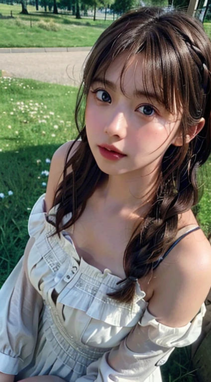(From above:1),((One Girl)),Light brown fringed hair、Braided hair、Disheveled Hair、Light brown eyes、(Dignified look)、(Floral Dress),(Big Tits)、No shoulders、Best、((Full nudity))、((Highlight the valley))、grassland、blue sky、(Photorealistic)、(Intricate details:1.2)、(masterpiece、:1.3)、(Highest quality:1.4)、(Ultra-high resolution:1.2)、Ultra-high resolution、(Detailed eyes)、(Detailed facial features)