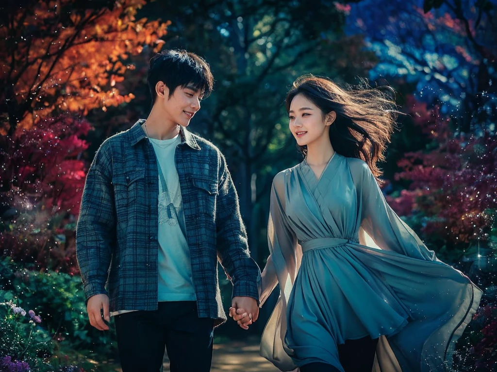 A captivating cinematic portrait photograph that captures the essence of a young Korean couple in a magical, dark fantasy setting. The man is dressed in a trendy flannel shirt, while the woman dons a breathtaking flowing tunic. They stand hand-in-hand, their eyes locked in a loving gaze, as they share a radiant smile for the camera. As the wind playfully tousles their hair, the colorful forest around them comes alive with starlight and glitter, creating an enchanting atmosphere that flawlessly combines fashion and fantasy. The low-angle shot adds a dramatic touch, making this a truly mesmerizing image., photo, cinematic, dark fantasy, portrait photography, fashion


