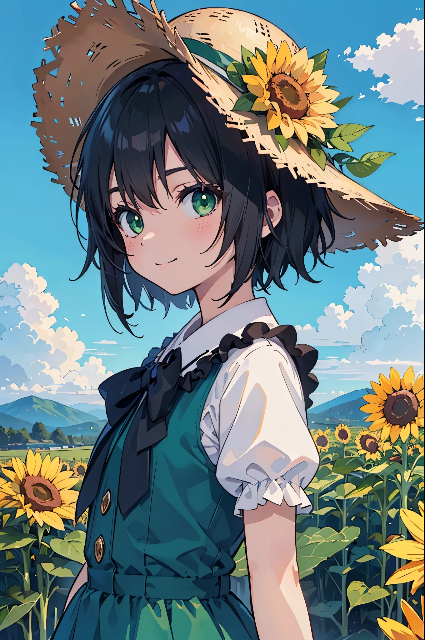 (masterpiece:1.2), (Highest quality:1.2),((Anime Girls)), (Lolita,boyish, 13 years old:1.3),smile, Wink, , Androgynous charm, (Very short hair), ((Black Hair)), Messy Hair, Green Eyes, High resolution detailed hair, Light green dress, Sunflower field,Straw hat, arms behind back,From the side,whole body,Gweiz-style artwork, Makoto Shinkai&#39;s art style, lofi portrait, Digital anime art, Makoto Shinkai style, LOFI Girl, Anime-style illustrations, lofi art style, Anime illustration