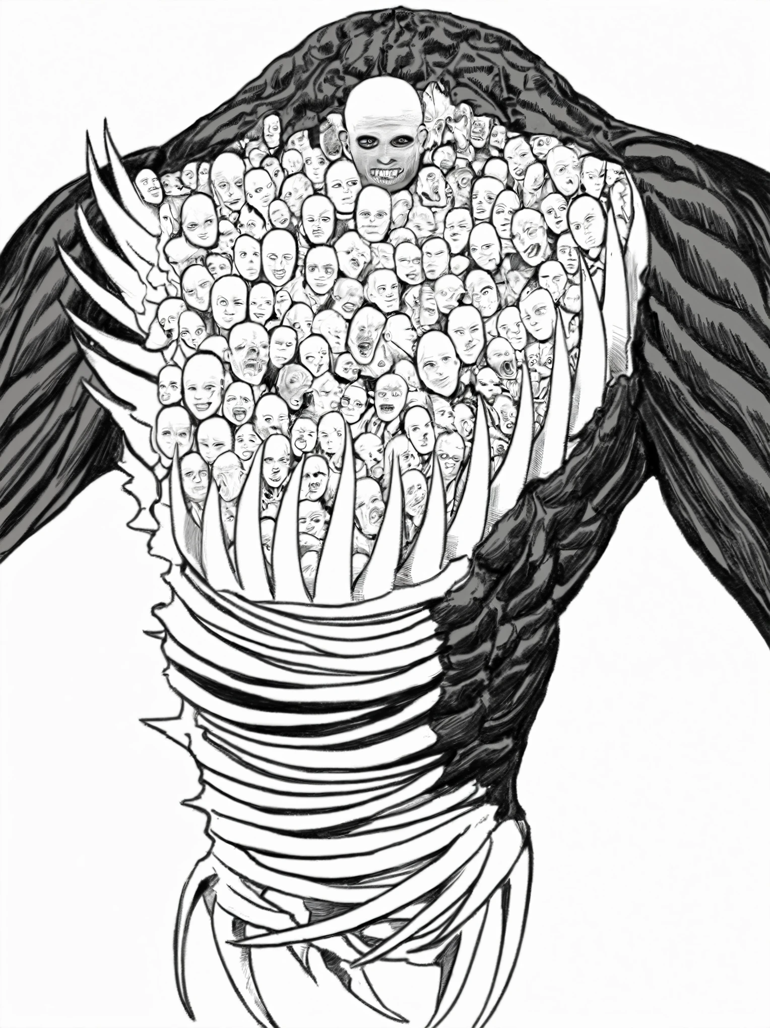 a drawing of a torso with chest full of horror faces, junji ito art, as the colossal titan, anatomical drawing of saitama, in berserk manga, exaggerated muscles, upper torso, spikes on chest and stomach ,ominous creature hiding detailed, torso without head, horror faces, spikes made of bones, bone spikes with bloods