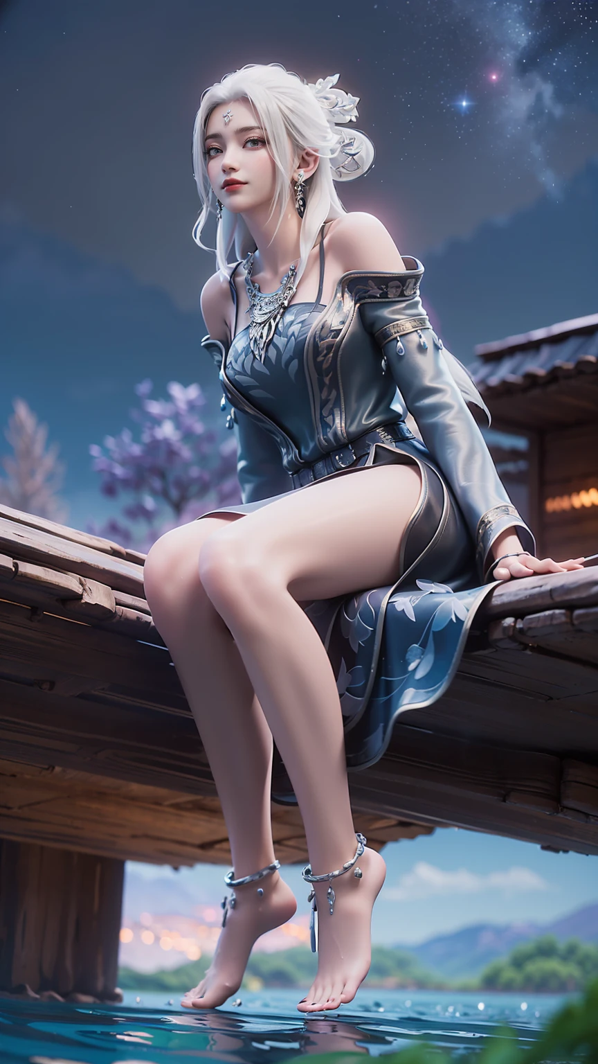 ((Biologically correct number of limbs))、(( Full body image(Including the face)))、4K、masterpiece、((Focus on the face))、((Symmetrical facial features))、The eyes are described in detail、Beautiful woman、Outstanding style、Beautiful arms、Beautiful legs、beautiful hands、(slim)、Facial details、Small earrings、necklace、(white shiny、Shiny dress、barefoot、radiant skin)Smile、(Beautiful legsのアップ)、Sweat,Starry Sky,Starry Sky Background,Deep View,above water