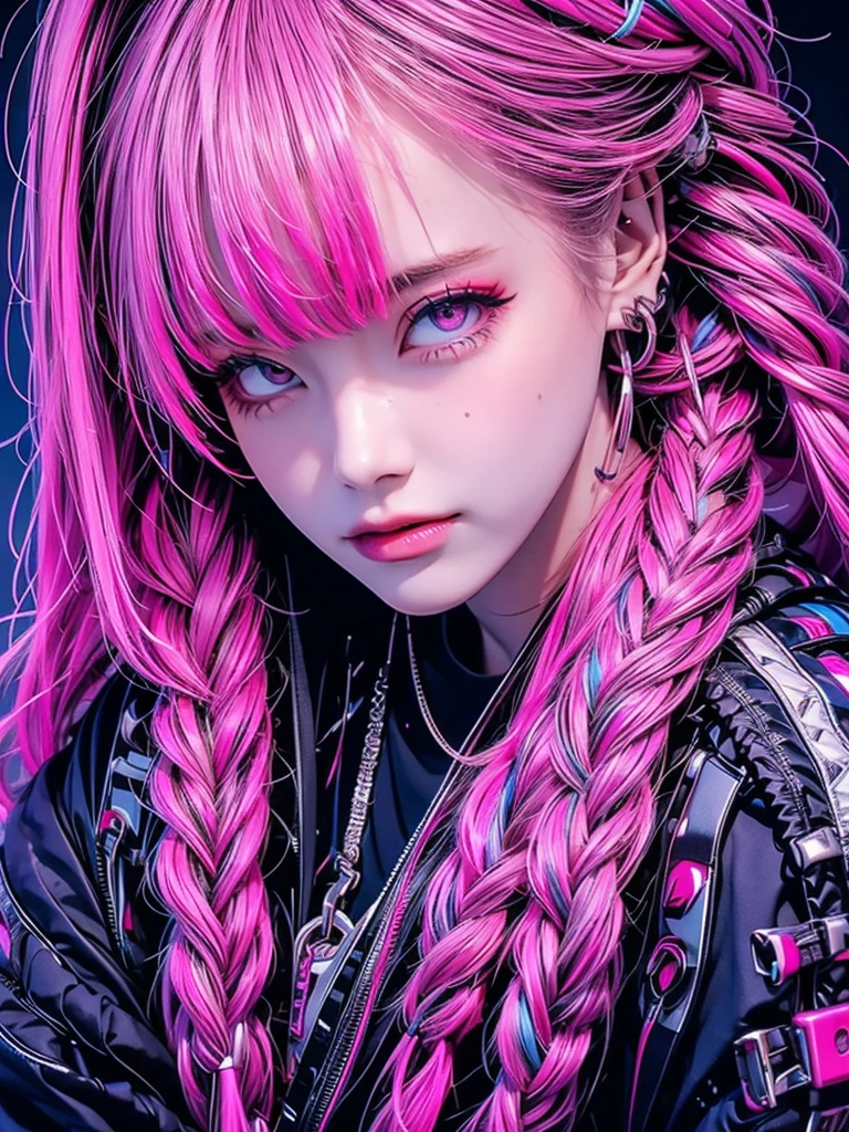High quality, high resolution, rough, cyberpunk, 1 person, beautiful girl, cool face, glaring expression, pink and blue hair color, braided