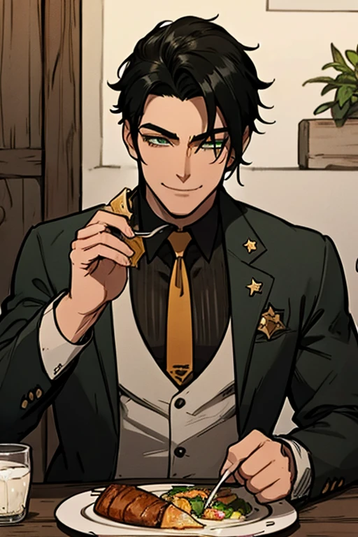 A muscular black haired man with green eyes in a sheriff's outfit is eating dinner in a saloon with a big smile