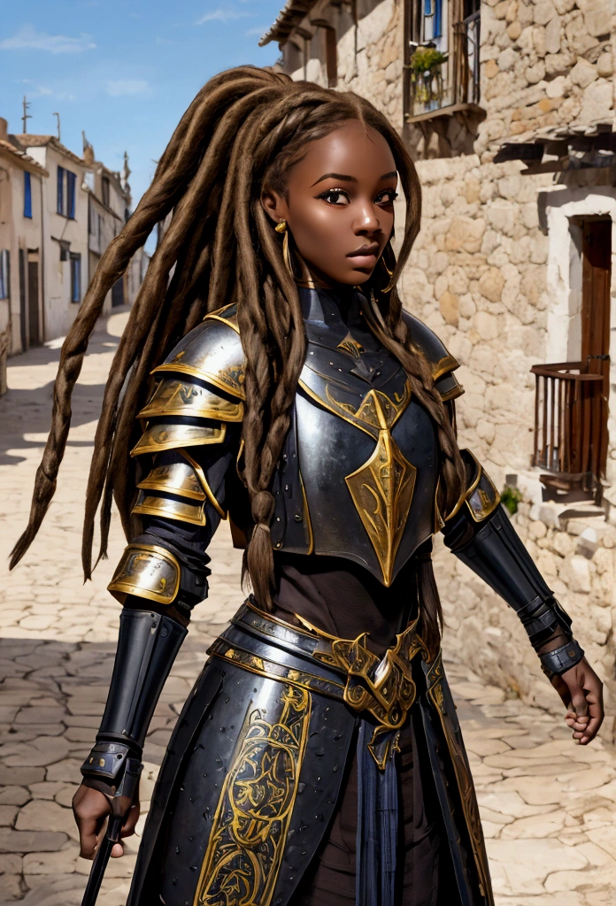 18 year old black woman、Beauty、Blonde、Blonde、Warrior in armor、Completely naked、Dreadlocks、background　Medieval port town、High quality p