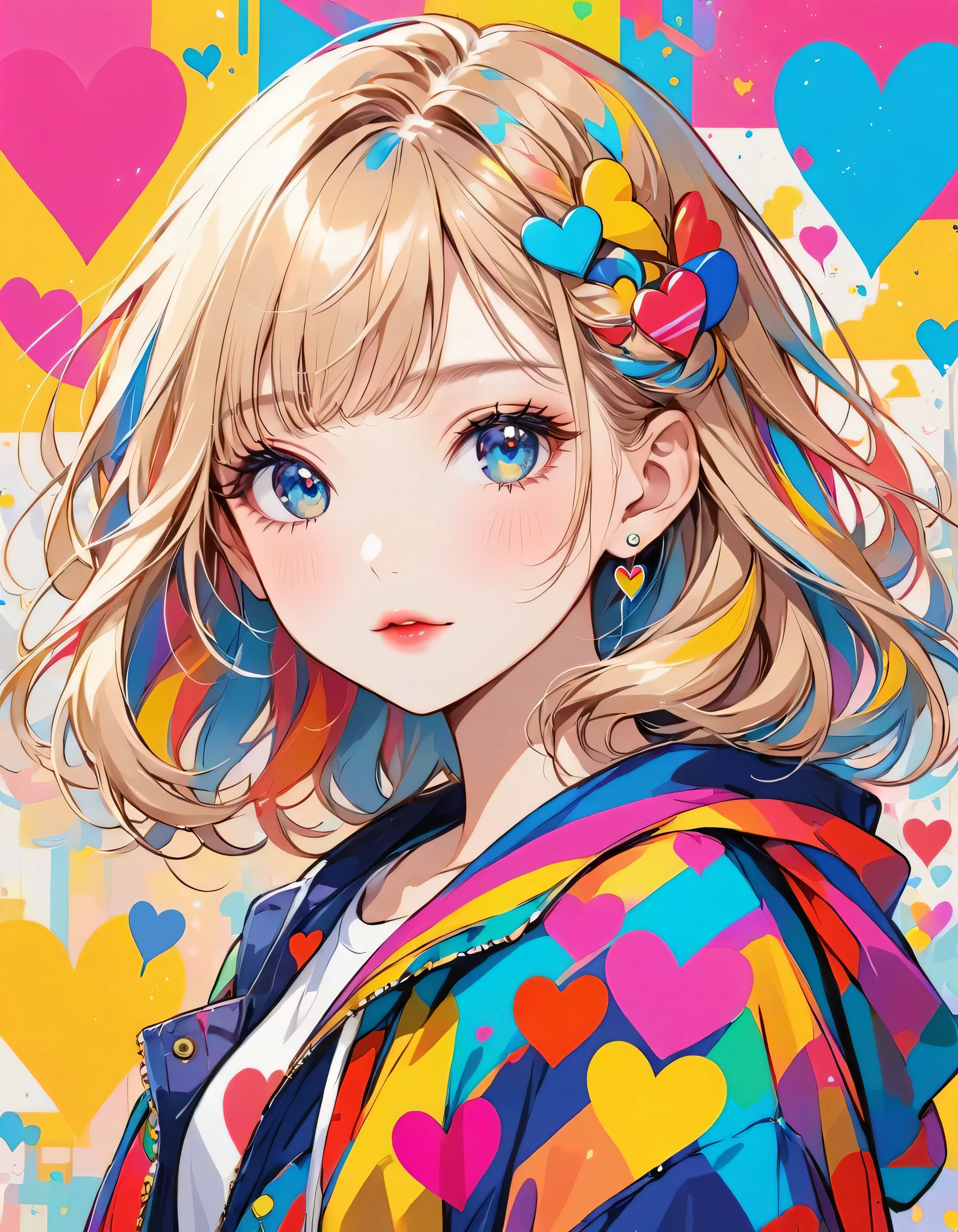 Mika Pikazo colorful style, Simple Line Initialism，Abstract art，Urban Background, (((The most beautiful girl of all time))), Sweet face. Lips in love, colorful hearts, stylish design