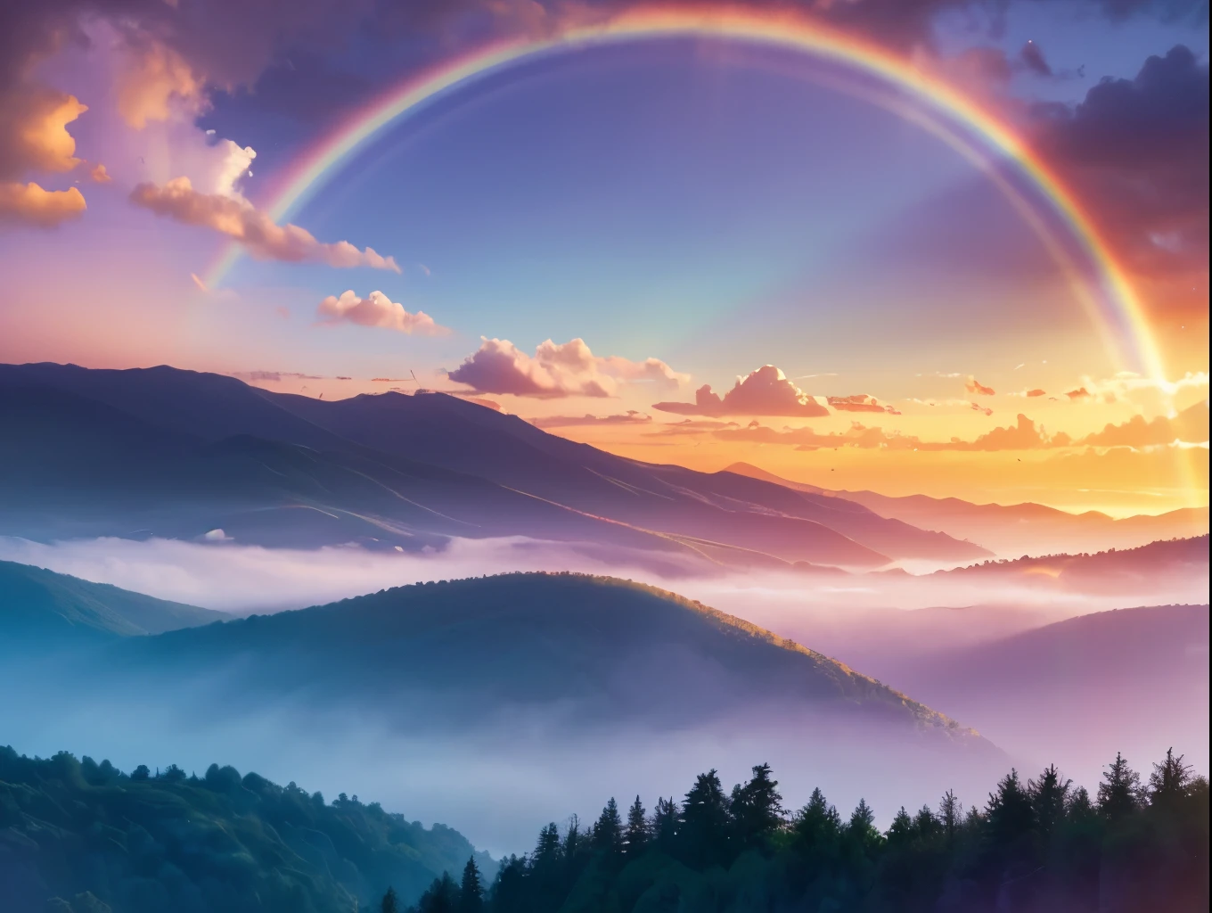 A vibrant rainbow, colorful and luminous, arching gracefully across the sky, HDR, 8K, cinematic lighting, fantasy, whimsical, magical, ethereal, soft pastel colors, dreamlike, highly detailed, intricate, glowing, photorealistic