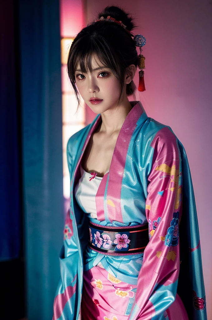 Japanese cyberpunk high fashion of Oiran kimono cool girl, kimono punk, cyberpunk, pink and blue neon color, upper body standing, (Dynamic light and shadow, High resolution, Sharp focus, Depth of written boundary), against bright pink background, nsfw