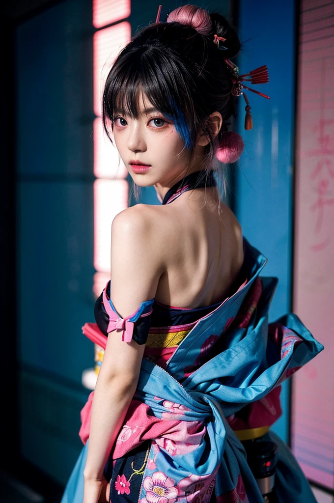 Japanese cyberpunk high fashion of Oiran kimono cool girl, kimono punk, cyberpunk, pink and blue neon color, upper body standing, (Dynamic light and shadow, High resolution, Sharp focus, Depth of written boundary), against bright pink background, nsfw