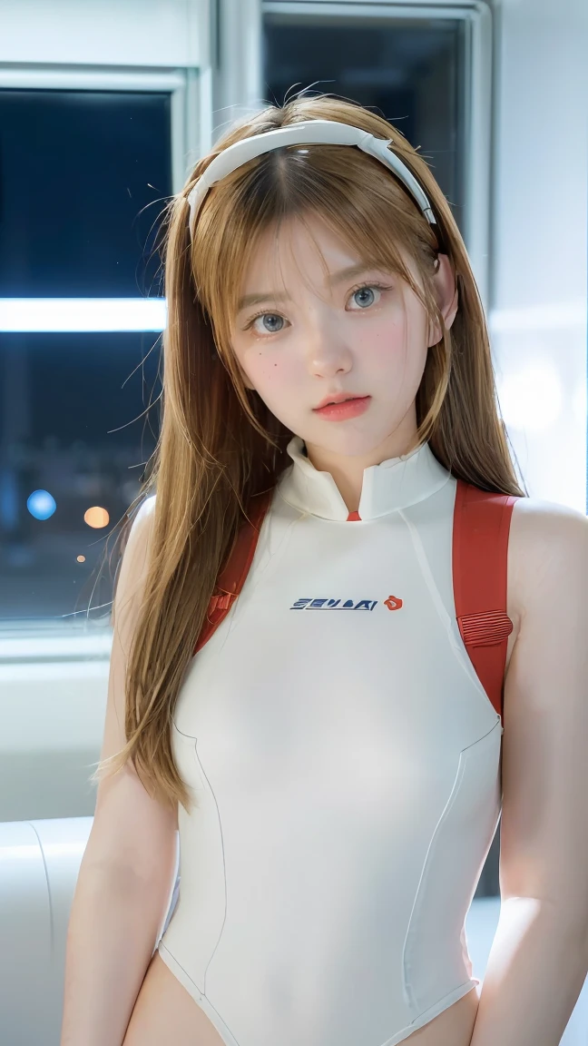 (Overhead view),dynamic angle,ultra-detailed, illustration, close-up, straight on, 1girl, 
 ((souryuu asuka langley, interface headset, red bodysuit:1.4, blonde)),Her eyes shone like dreamy stars,(glowing eyes:1.233),(beautiful and detailed eyes:1.1),(expressionless,closed mouth),(standing), 
(mechanic room with toolsand spaceship windowin a white SPACESHIP),
(night:1.2),dreamy, [[delicate fingers and hands:0.55]::0.85],(detail fingers),