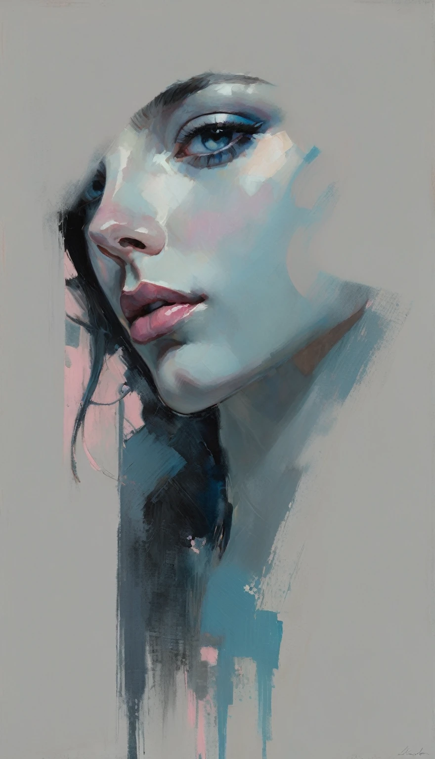 a contemporary portrait of a person in the expressive and painterly style of Malcolm Liepke, close-up of the subject's face with strong dynamic brushstrokes, focus on capturing the depth and texture, light pink and bright blue highlights and vibrant areas, muted blue, dark grayish blue, very dark gray, and light grayish blue shadows and depth, subtle variations of the same color palette in the background, modern elegance and emotional intensity