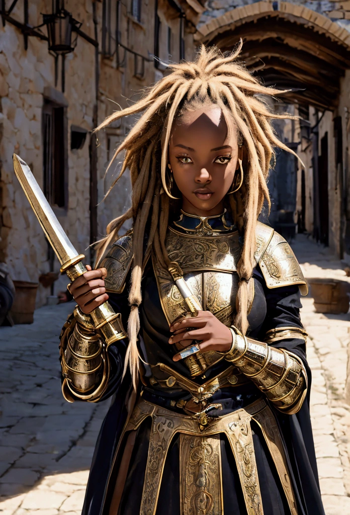 18 year old black woman、Beauty、Blonde、Blonde、Warrior in armor、Completely naked、Dreadlocks、background　Medieval port town、High quality p