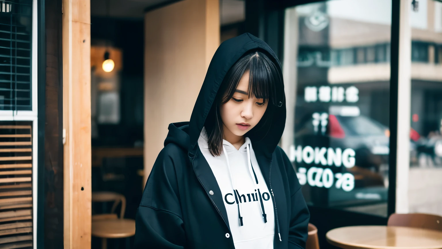 A woman wearing a summer hoodie is standing in a cafe,  Unsplash, Happenings, Girl wearing a hoodie, black haired Girl wearing a hoodie, Shot with Canon EOS R 6, Wearing jeans and a black hoodie, She wears streetwear, Chiho, Wearing a large hoodie, Photographed with Canon EOS R5