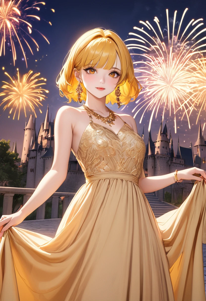 1 female　Yellow bangs　Shortcuts　Yellow eyebrows　Orange eyes　Socialite debut　Beige long dress with gold embroidery　Inside the castle　firework 　hair ornaments　Gorgeous necklace with matching earrings　Golden West