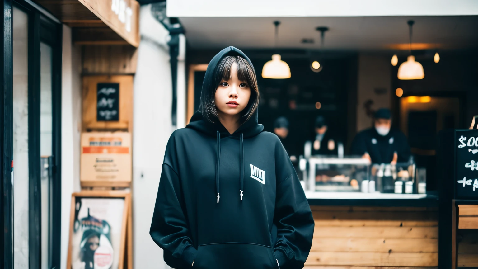A woman wearing a summer hoodie is standing in a cafe, Unsplash, Happenings, Girl wearing a hoodie, black haired Girl wearing a hoodie, Shot with Canon EOS R 6, Wearing jeans and a black hoodie, She wears streetwear, Chiho, Wearing a large hoodie, Photographed with Canon EOS R5