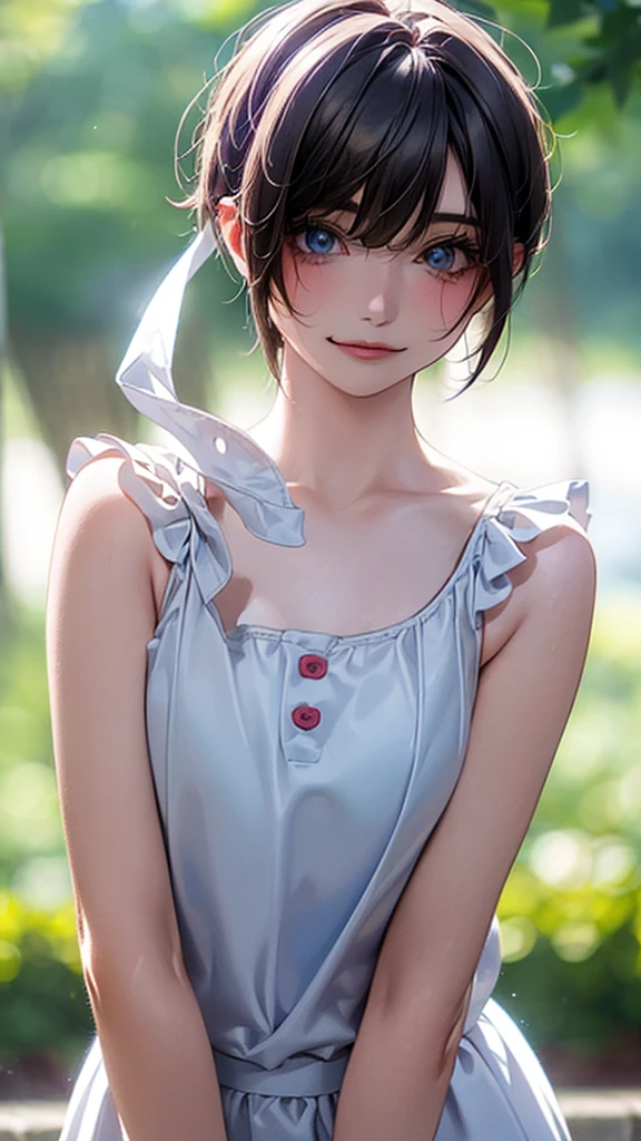 (masterpiece:1.3, Highest quality, Ultra-high resolution, Super detailed), (Realistic:1.1, photoRealistic:1.4), Beautiful illustrations, Perfect lighting, colorful, Depth of written boundary, Beautiful detailed hair, Beautifully detailed face, Beautiful attention to detail, Beautiful clavicle, Beautiful body, (Beautiful small breasts), Beautiful thighs, Beautiful feet, Beautiful fingers, View your viewers, 1 girl, Japanese, high school girl, Perfect Face, (Perfect Anatomy, Anatomically correct), Cute and symmetrical face, Baby Face, Sunburn, Glowing Skin, (short hair:1.5, Bobcut:1.2, Ash Blonde Hair), Hair between the eyes, blue eyes, Long eyelashes, thin, (Pale pink dress, Black tank top, White Skirt), (Are standing), (Cute smile,, Close your mouth),