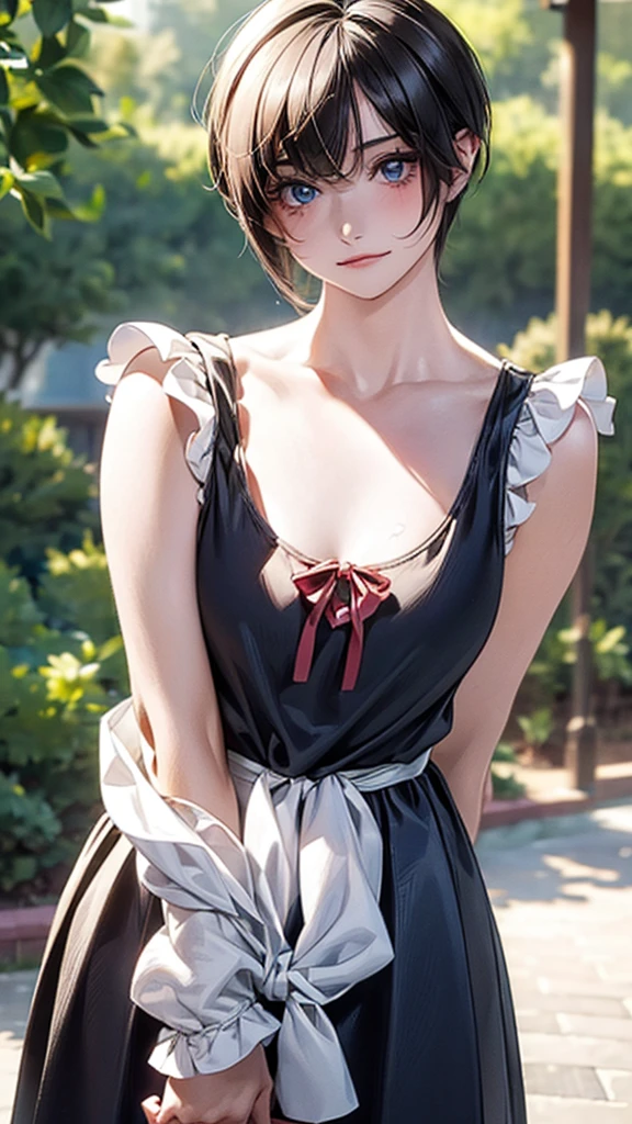 (masterpiece:1.3, Highest quality, Ultra-high resolution, Super detailed), (Realistic:1.1, photoRealistic:1.4), Beautiful illustrations, Perfect lighting, colorful, Depth of written boundary, Beautiful detailed hair, Beautifully detailed face, Beautiful attention to detail, Beautiful clavicle, Beautiful body, (Beautiful small breasts), Beautiful thighs, Beautiful feet, Beautiful fingers, View your viewers, 1 girl, Japanese, high school girl, Perfect Face, (Perfect Anatomy, Anatomically correct), Cute and symmetrical face, Baby Face, Sunburn, Glowing Skin, (short hair:1.5, Bobcut:1.2, Ash Blonde Hair), Hair between the eyes, blue eyes, Long eyelashes, thin, (Pale pink dress, Black tank top, White Skirt), (Are standing), (Cute smile,, Close your mouth),