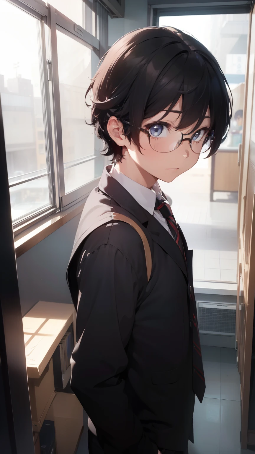 (1 boy), (), Symmetrical Eyes, male, tie, holding a book, small book in hand, (holding small book), Thick black frame glasses, shy, black messy hair, bluish-grey eye color, wearing glasses, 4k, detailed, anime 4k, (Curly hair), from side, character focus, ((black light)),((dark lighting)), cinematic lighting ,(darkness), (concept art), high resolution,(incredibly absurdres) ,extremely detailed CG unity 8k wallpaper, ((masterpiece)), ((top-quality)), (beautiful illustration), ((an extremely delicate and beautiful)), (masterpiece, Best quality, ultra high resolution), Black hair, pale skin, ultra detailed eyes, Beautiful and detailed face, detailed eyes, (Centered, torso), (wide shot:0.9), facing the viewer, Eye level, ((male)), shy, blushing, masculine face, narrow eyes, flat chest, masculine build, slightly muscular, 