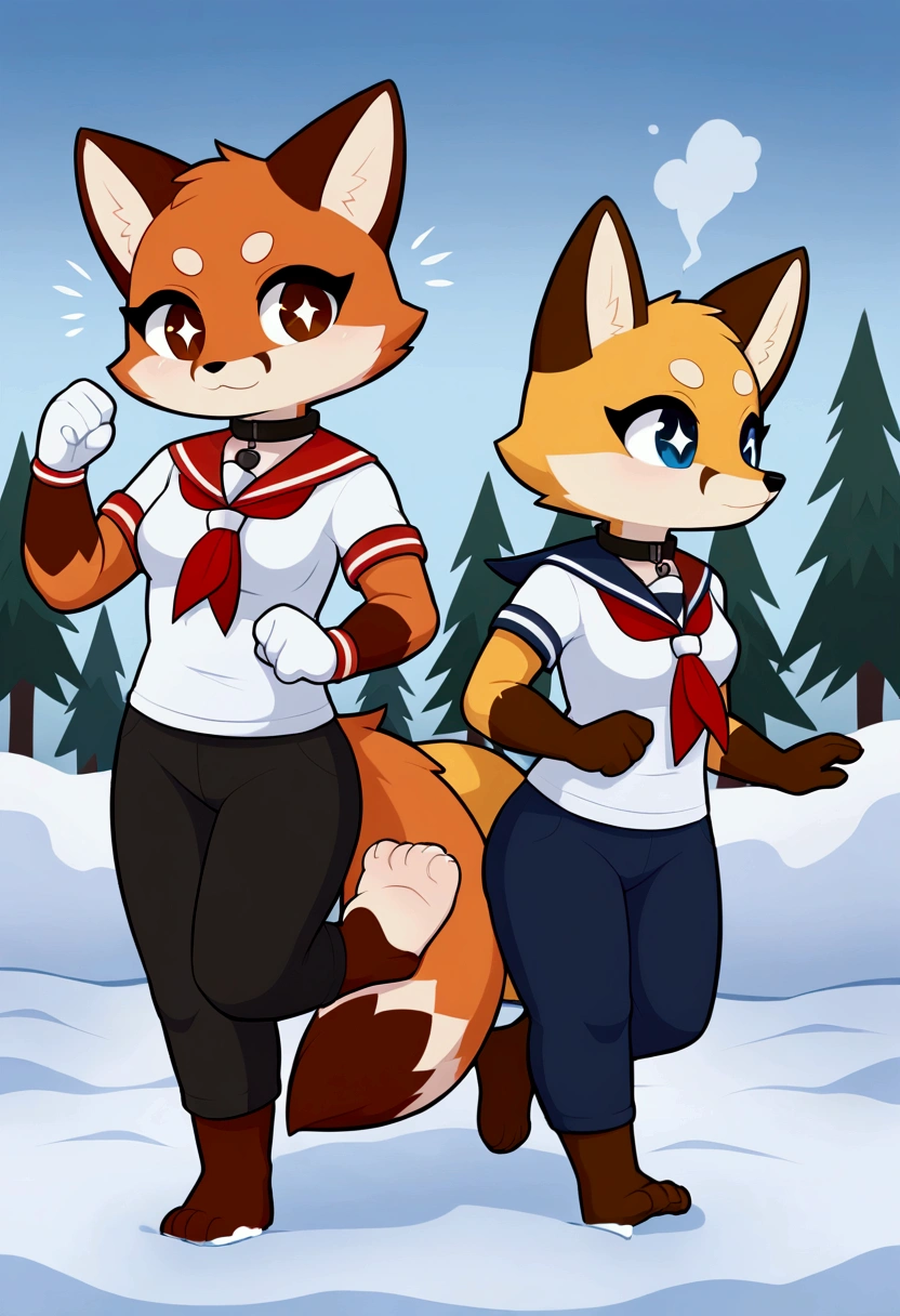 2girls, fox and tanuki, furry, bodyfur, tail, collar, sailor suit, short sleeves, jersey pants, long pants, white gloves, barefeet, chibi, sparkling eyes, full body, snow, running, fart