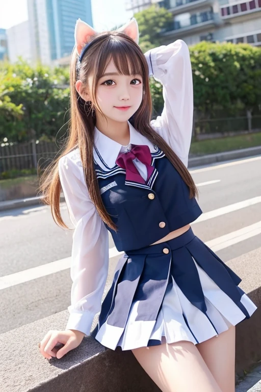 Cute Girls、high school girl、Idol、uniform、mini skirt、See-through、Fluttering in the wind、sit、White cat ears