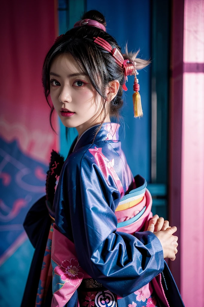 Japanese cyberpunk high fashion of Oiran kimono cool girl, kimono punk, cyberpunk, pink and blue neon color, upper standing, (Dynamic light and shadow, High resolution, Sharp focus, Depth of written boundary), against bright pink background, nsfw