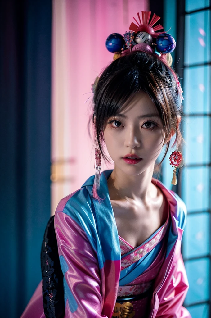 Japanese cyberpunk high fashion of Oiran kimono cool girl, kimono punk, cyberpunk, pink and blue neon color, upper standing, (Dynamic light and shadow, High resolution, Sharp focus, Depth of written boundary), against bright pink background, nsfw