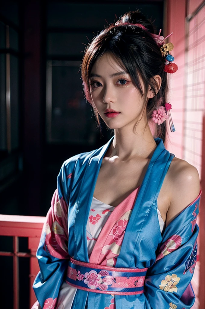 Japanese cyberpunk high fashion of Oiran kimono cool girl, kimono punk, cyberpunk, pink and blue neon color, upper standing, (Dynamic light and shadow, High resolution, Sharp focus, Depth of written boundary), against bright pink background, nsfw