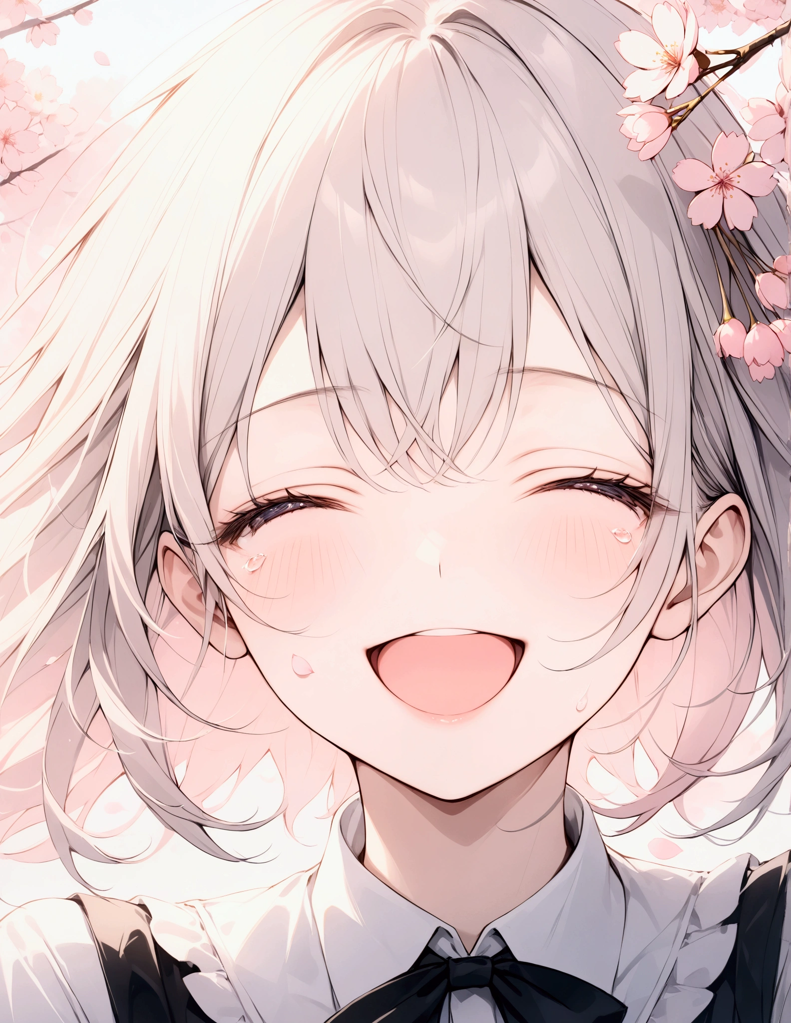 (uhd), (masterpiece:1.2), best quality, highres, award winning, high details,(Very absurd:1.2),4K quality,8K quality,Beautiful work、((hazy))、(Pale colors),from front、focus on face、Infectious laughter、Tears of joy、Smile and cry、antenna hair,Close ~ eyes,Light Pink Background,((Cherry blossom petals falling))、Say goodbye with a smile