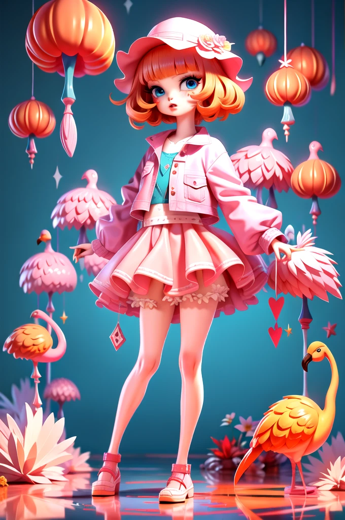 LU,1girl,blue eyes,hat,solo,skirt,jacket,full body,standing,blood,pink skirt,flower,bird,parted lips,shoes,shirt,bangs,orange hair,long sleeves,