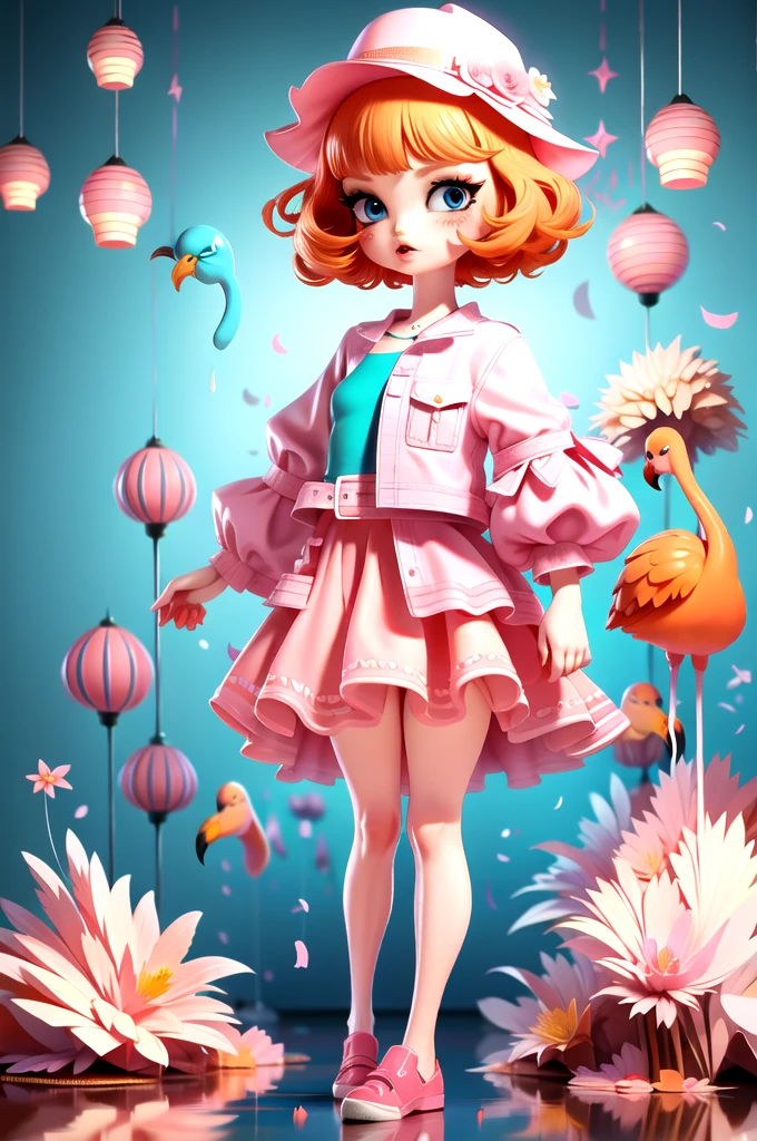 LU,1girl,blue eyes,hat,solo,skirt,jacket,full body,standing,blood,pink skirt,flower,bird,parted lips,shoes,shirt,bangs,orange hair,long sleeves,