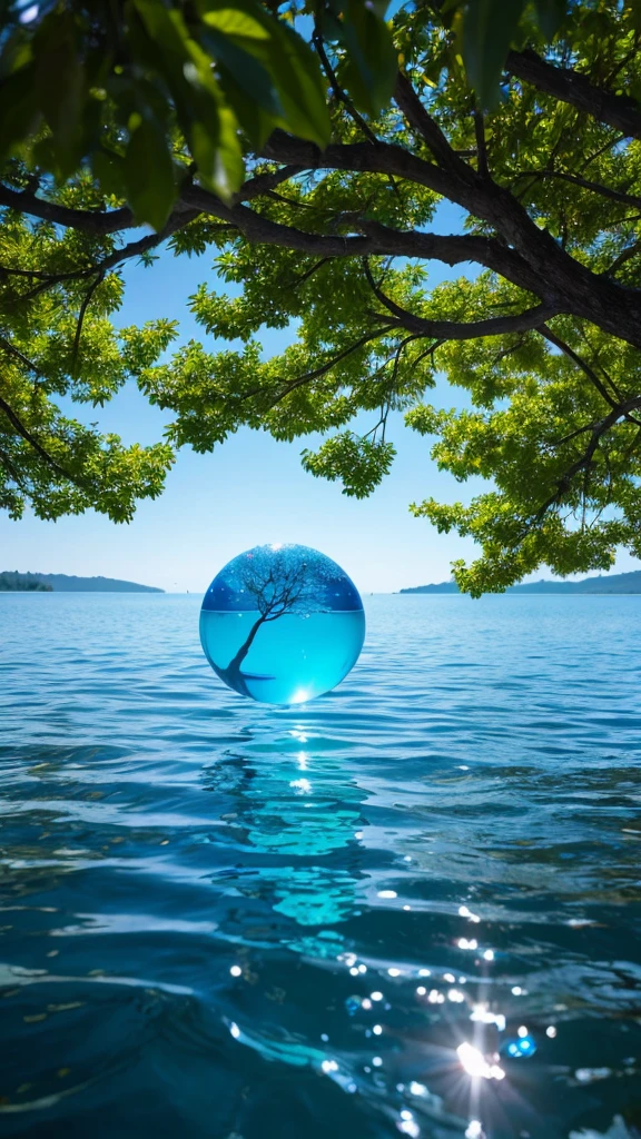 Crystal orb blue tree floating on the lake、Fantastic gradient background、
