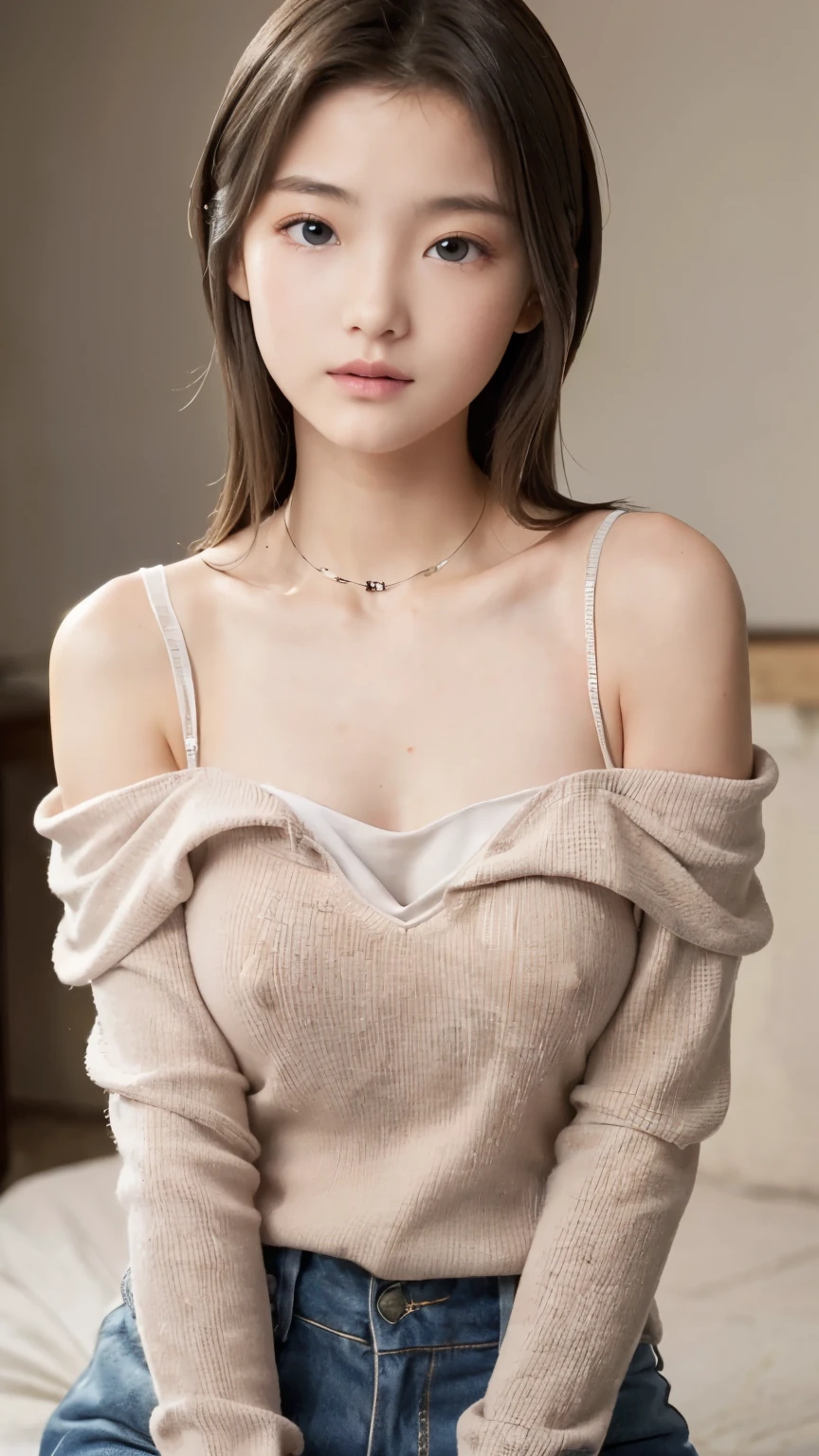 (high resolution:1.48)、(:1.48)、(The model's face:1.48)、(Outstanding style:1.48)、(Very large breasts and tight clothing:1.48)、(Clothes that accentuate the chest:1.48)、(Beautiful collarbone:1.48)、(Off the shoulder:1.48)