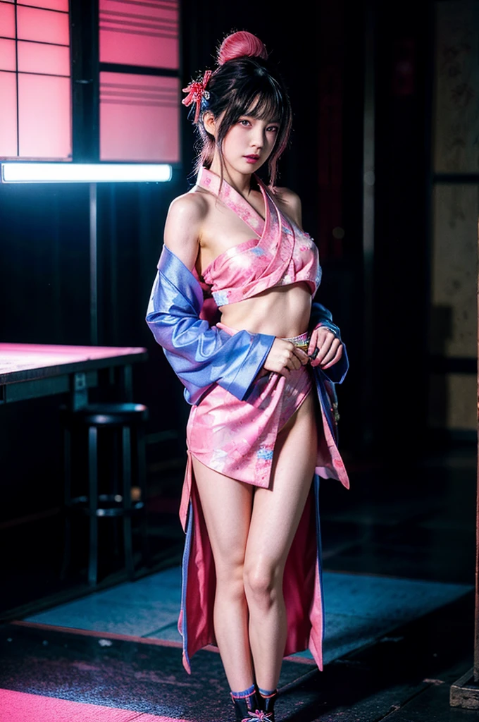 Japanese cyberpunk high fashion of Oiran kimono cool girl, kimono punk, cyberpunk, pink and blue neon color, full body statue, (Dynamic light and shadow, High resolution, Sharp focus, Depth of written boundary), against bright pink background, nsfw