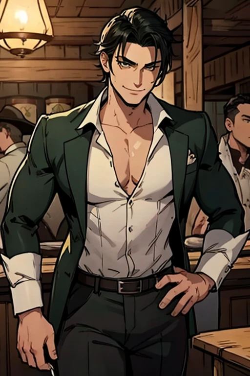 A muscular black haired man with green eyes in a sheriff's outfit is drinking  in a saloon with a big smile