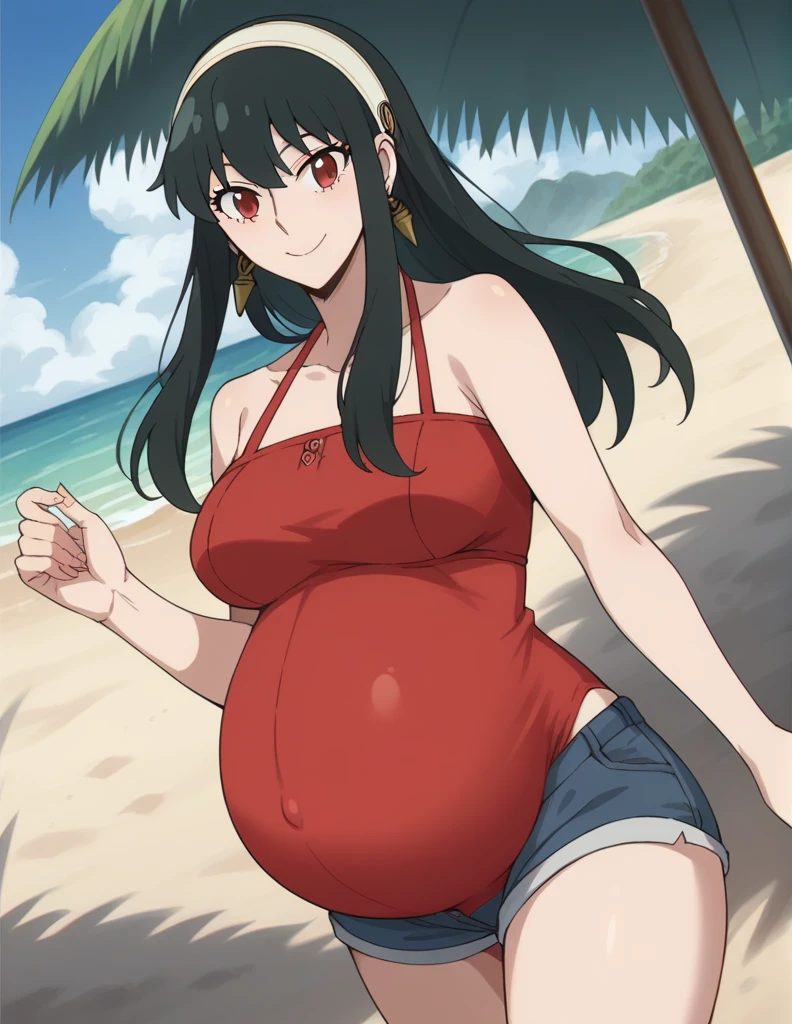 score_9, score_8_up, score_7_up, source_anime,
yorbriar, yor briar, black hair, red eyes, earrings, white hairband, hairband, long hair, sidelocks,
bare shoulders, red bikini, shorts, thighs,
Beach, smile,
looking at viewer, dutch angle, cowboy shot, pregnant, huge belly
