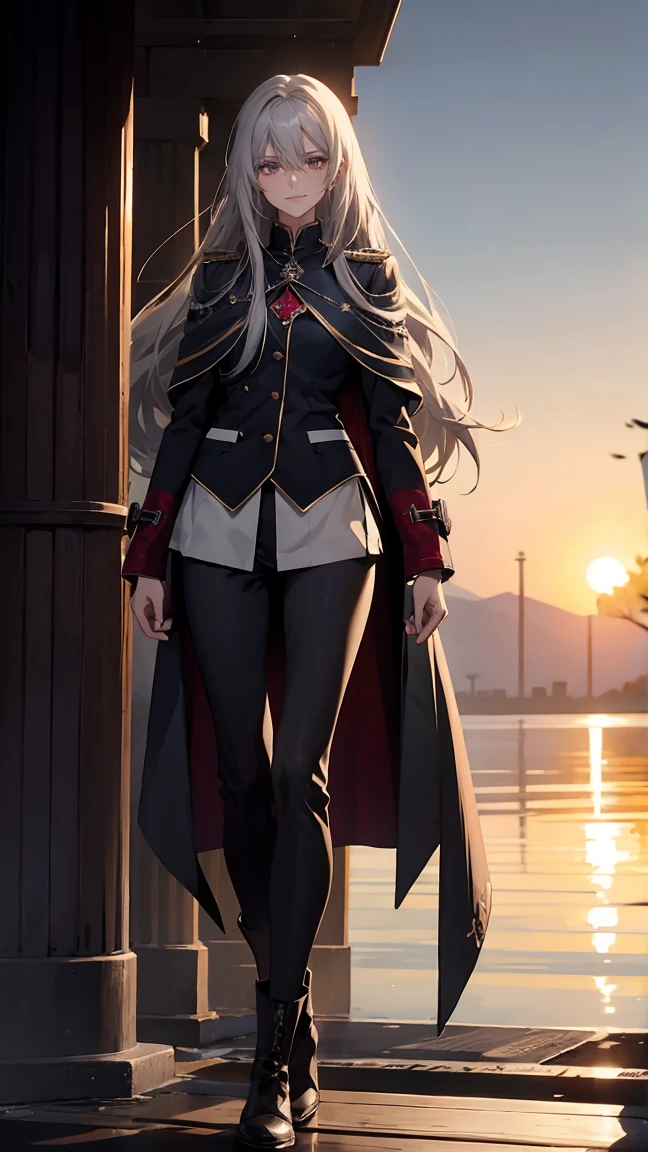 (Confused, High resolution, Very detailed), 1 female, Silver Hair,Long hair that reaches down to the ankles,Ankle-length hair,Long hair,Crimson Eyes,uniform,24th generation,beauty,mature,thin,quiet,Calm,A small smile,A kind smile,In front of people you like,Cape coat,Slender and thin,boots,skinny pants,Sea at dawn,Small breasts,