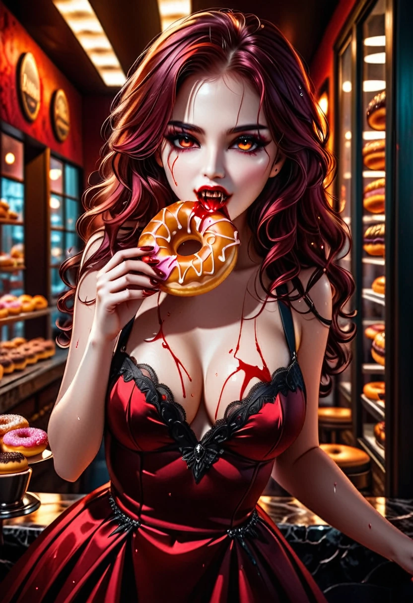 a portrait of a female vampire eating a (bloody donut: 1.3), an exotic exquisite beautiful female vampire, dynamic hair color, wavy hair, dynamic eyes color, (glowing  eyes: 1.1), intense eyes, wearing glamour silk dress, intricate detailed dress, dynamic color dress, dynamic style dress, (eating  a large donut soaked with blood: 1.3), blood dripping from the donut, dark fantasy pastry shop background,  vibrant, Ultra-high resolution, High Contrast, (masterpiece:1.5), highest quality, Best aesthetics), best details, best quality, highres, 16k, [ultra detailed], masterpiece, best quality, (extremely detailed) RAW, (ultra details, Masterpiece, best quality),   Dark Art Painting Style, Intense gaze, blood, Cinematic Hollywood Film
