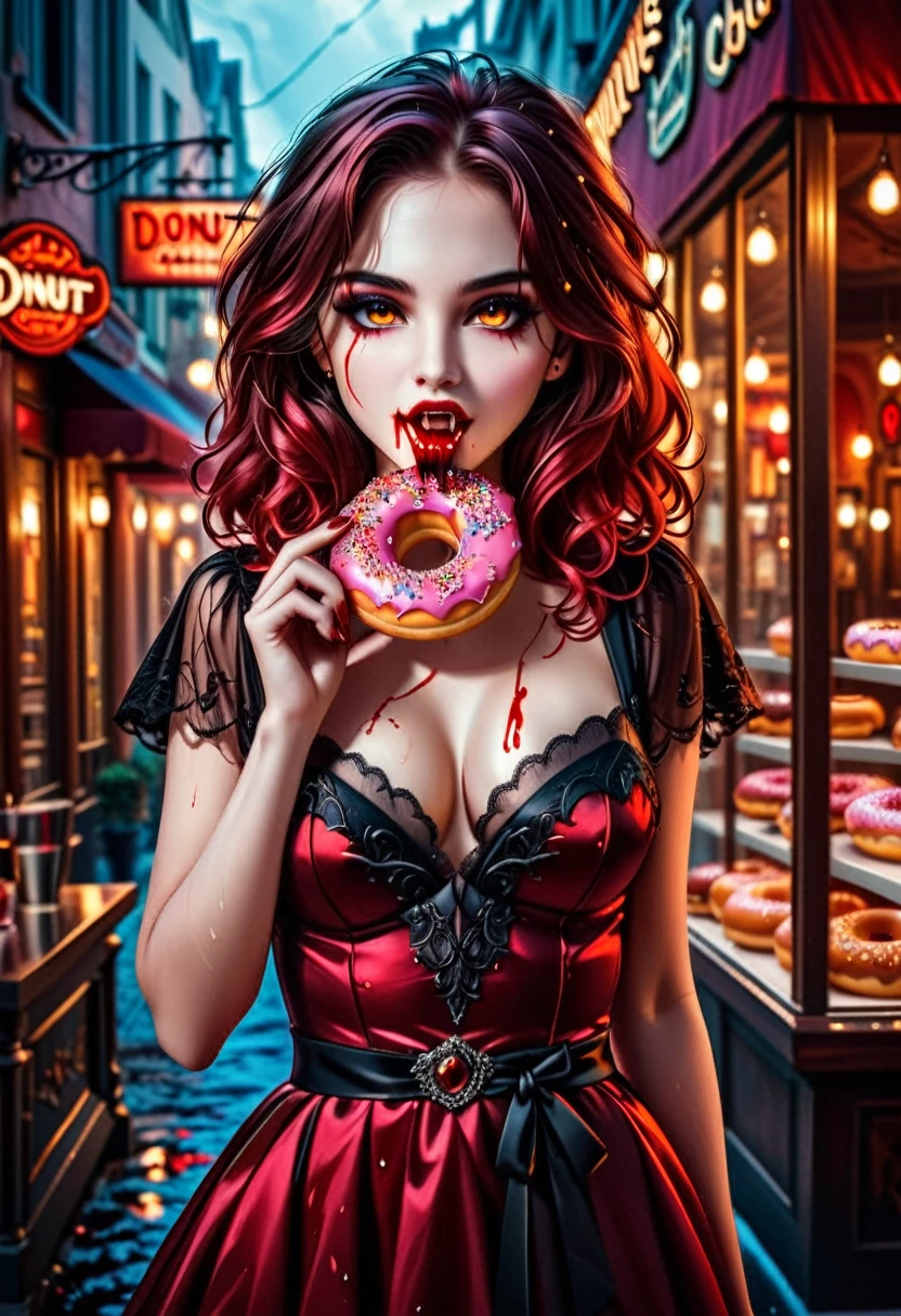 a portrait of a female vampire eating a (bloody donut: 1.3), an exotic exquisite beautiful female vampire, dynamic hair color, wavy hair, dynamic eyes color, (glowing  eyes: 1.1), intense eyes, wearing glamour silk dress, intricate detailed dress, dynamic color dress, dynamic style dress, (eating  a large donut soaked with blood: 1.3), blood dripping from the donut, dark fantasy pastry shop background,  vibrant, Ultra-high resolution, High Contrast, (masterpiece:1.5), highest quality, Best aesthetics), best details, best quality, highres, 16k, [ultra detailed], masterpiece, best quality, (extremely detailed) RAW, (ultra details, Masterpiece, best quality),   Dark Art Painting Style, Intense gaze, blood, Cinematic Hollywood Film
