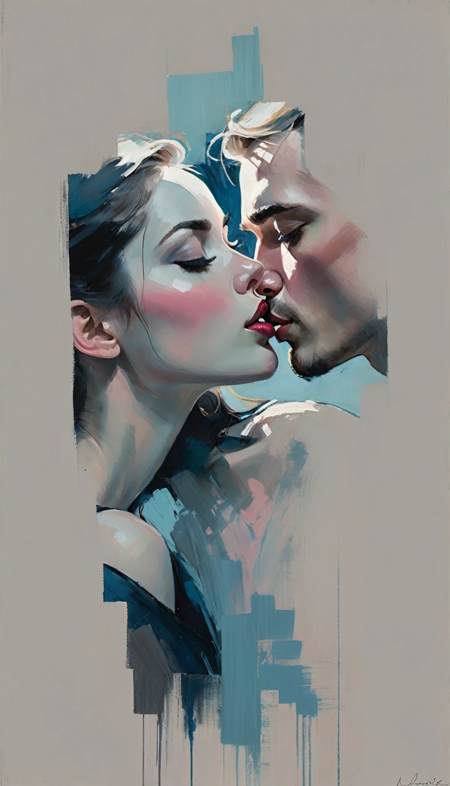 a contemporary portrait of a persons in the expressive and painterly style of Malcolm Liepke,man kissing woman ,close-up of the subject's faces with strong dynamic brushstrokes, focus on capturing the depth and texture, light pink and bright blue highlights and vibrant areas, muted blue, dark grayish blue, very dark gray, and light grayish blue shadows and depth, subtle variations of the same color palette in the background, modern elegance and emotional intensity