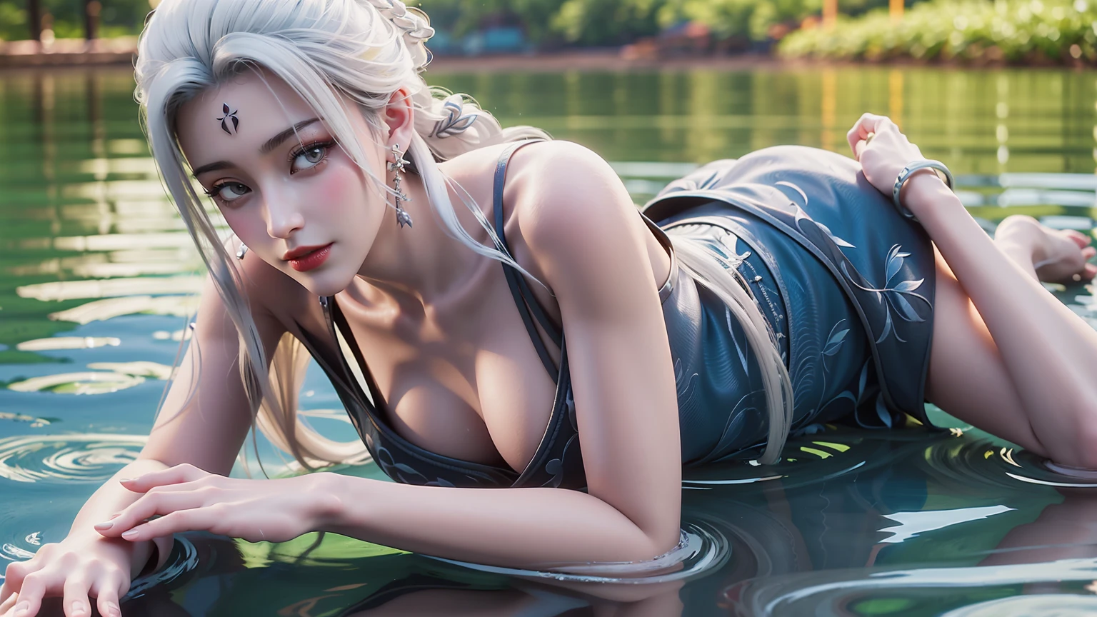A girl lying on the bed under the stars, delicate smile, beautiful delicate eyes, beautiful delicate lips, extremely delicate face and eyes, long eyelashes, sexy body, flowing hair, best picture quality, famous works, ultra high resolution, (realistic :1.4), RAW photos, (Beautiful face :1.2), (Lying on the water :1.5), 1 girl, (Surreal), (8K), (4K), physical rendering, starry sky, ((full body shot)), barefoot, cross-legged, wearing a dress, long skirt