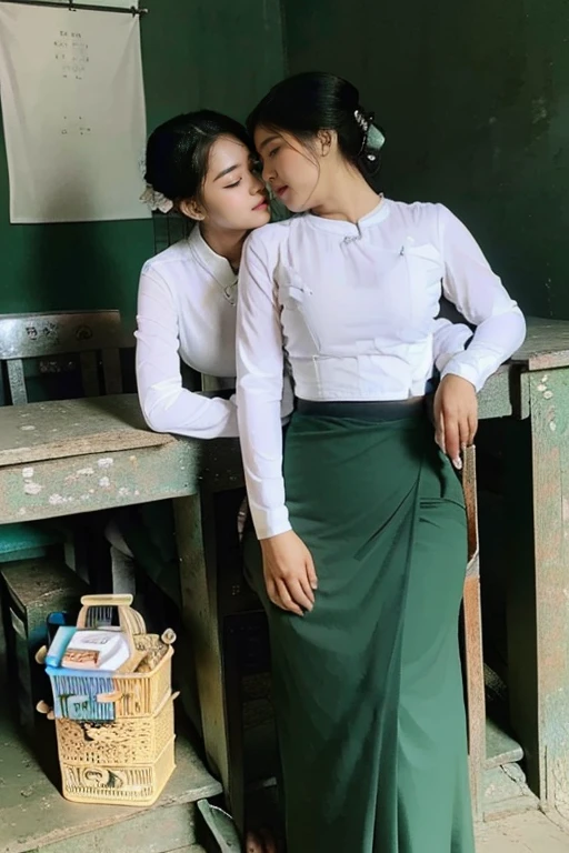 Yangon in 2 girls who gets married and stands in front of many people, kissing.