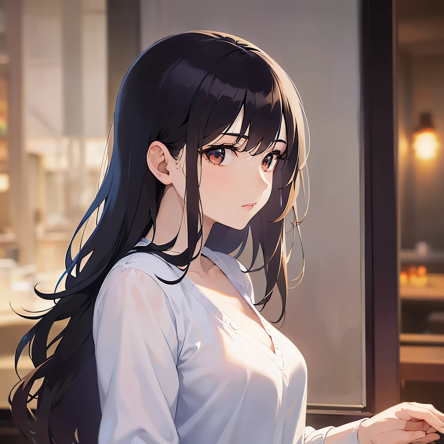 （looking away:1.5）,Upper Body,Side shot、Looking down、
 Realistic, real person, (pale skin: 1.2), RAW photo, photorealistic, shiny skin, shiny hair、
(A 25-year-old woman with medium-length hair and bangs) and (wavy hair) and (brown hair) and (orange eyes) 、
 downcast, Wearing a white V-neck top 、The background is the interior of a restaurant at night.