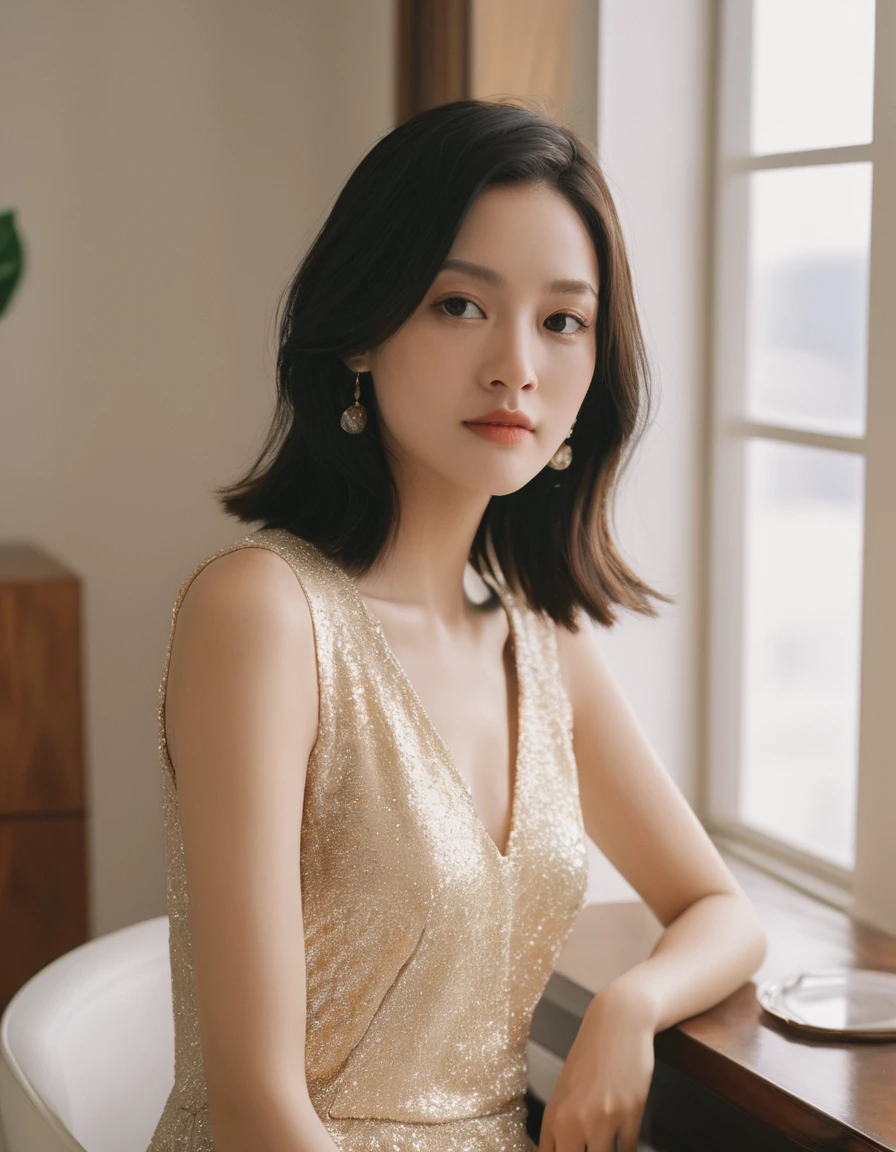 Quite a bit body, photo of a gorgeous young asian woman in a Glamorous outfit, beautiful slim face Japanese girl, still from the film, ((solo)), (Marion Cotillard look alike face: 0.8), Masterpiece, Extremely photorealistic, raw photo, 8k, film photography aesthetic girl,In the photo, a Chinese|Japanese girl, about 20s. A beautiful Instagram influencer is live streaming, her face illuminated by the soft glow of ring lights. She sits in a stylish, well-decorated room that reflects her personal aesthetic, complete with chic furniture, potted plants, and framed artwork on the walls. Her makeup is impeccably done, highlighting her natural beauty, and her hair is styled to perfection. She wears a trendy outfit that showcases her sense of fashion. In front of her is a smartphone mounted on a tripod, capturing her every move. Her expression is engaging and cheerful as she interacts with her audience, responding to comments and sharing stories. Behind her, a large window lets in natural light, adding to the warm and inviting atmosphere of the live stream, Leica SL3, Summicron-SL 75 f/2 ASPH, kodak gold 200 film, dynamic action pose,