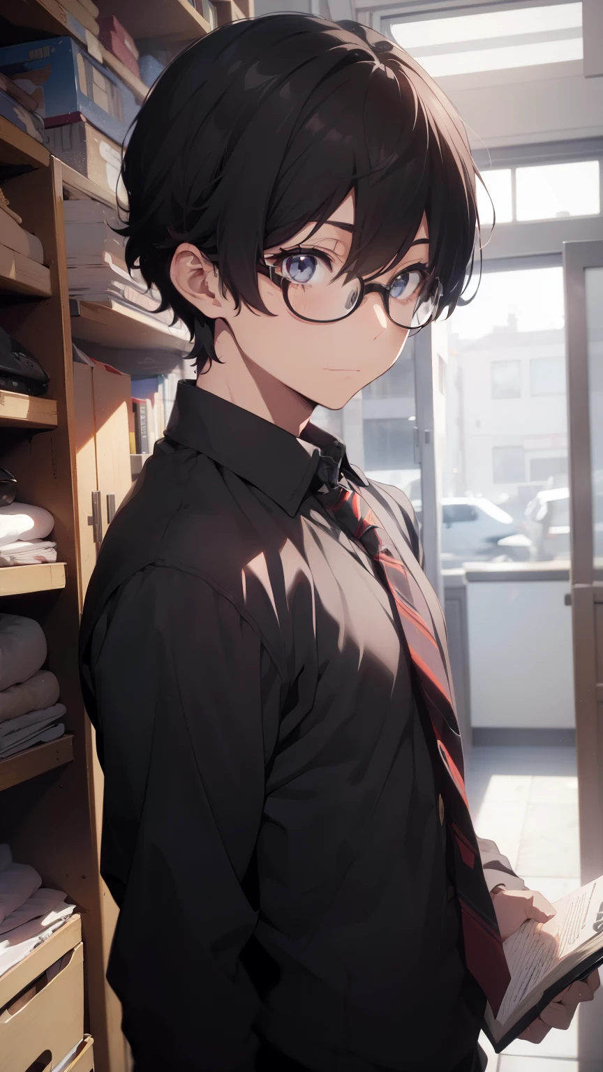 (1 boy), (school boy), Symmetrical Eyes, male, tie, holding a book, small book in hand, (holding small book), Thick black frame glasses, shy, black messy hair, bluish-grey eye color, wearing glasses, 4k, detailed, anime 4k, (Curly hair), from side, character focus, ((black light)),((dark lighting)), cinematic lighting ,(darkness), (concept art), high resolution,(incredibly absurdres) ,extremely detailed CG unity 8k wallpaper, ((masterpiece)), ((top-quality)), (beautiful illustration), ((an extremely delicate and beautiful)), (masterpiece, Best quality, ultra high resolution), Black hair, pale skin, ultra detailed eyes, Beautiful and detailed face, detailed eyes, (Centered, torso), (wide shot:0.9), facing the viewer, Eye level, ((male)), shy, blushing, masculine face, narrow eyes, flat chest, masculine build, slightly muscular,
