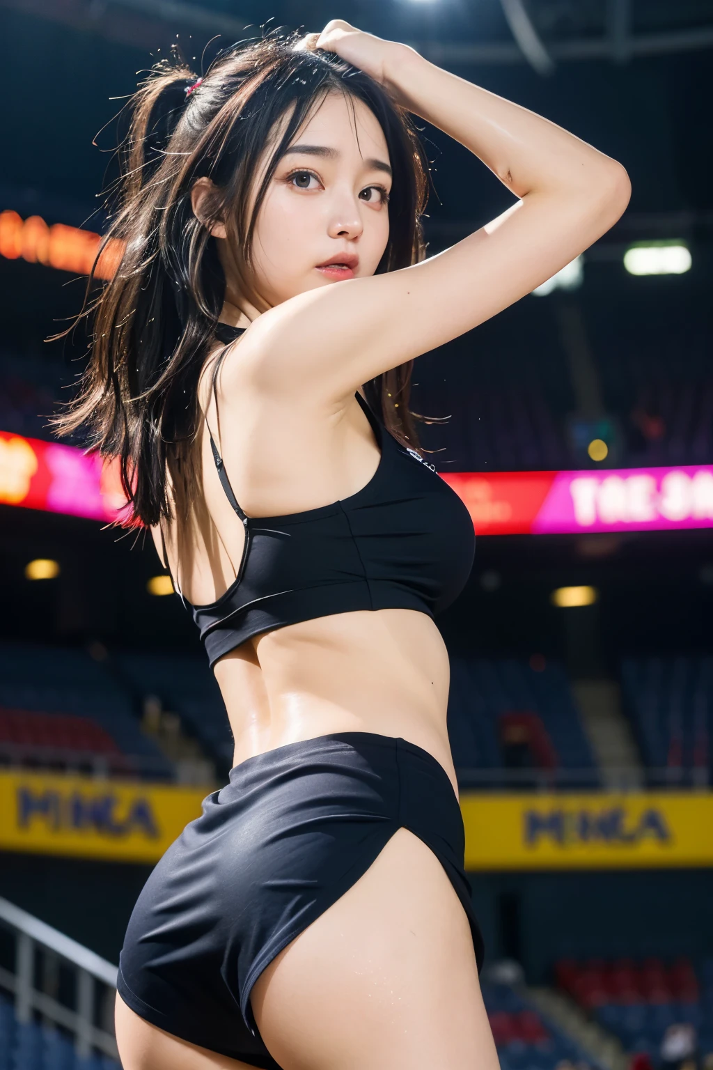 ((masterpiece)), ((best quality)), ((ultra-detailed)),((hyperrealistic)),(japanese cute girl),(shiny skin),1girl,(forehead),black hair,long hair,(black big eyes,tareme,droopy eyes),(small breasts),15 years old,dynamic angle,cheerleaders dancing at the stadium,navel,miniskirt,dynamic lighting,sweat,(ass),

