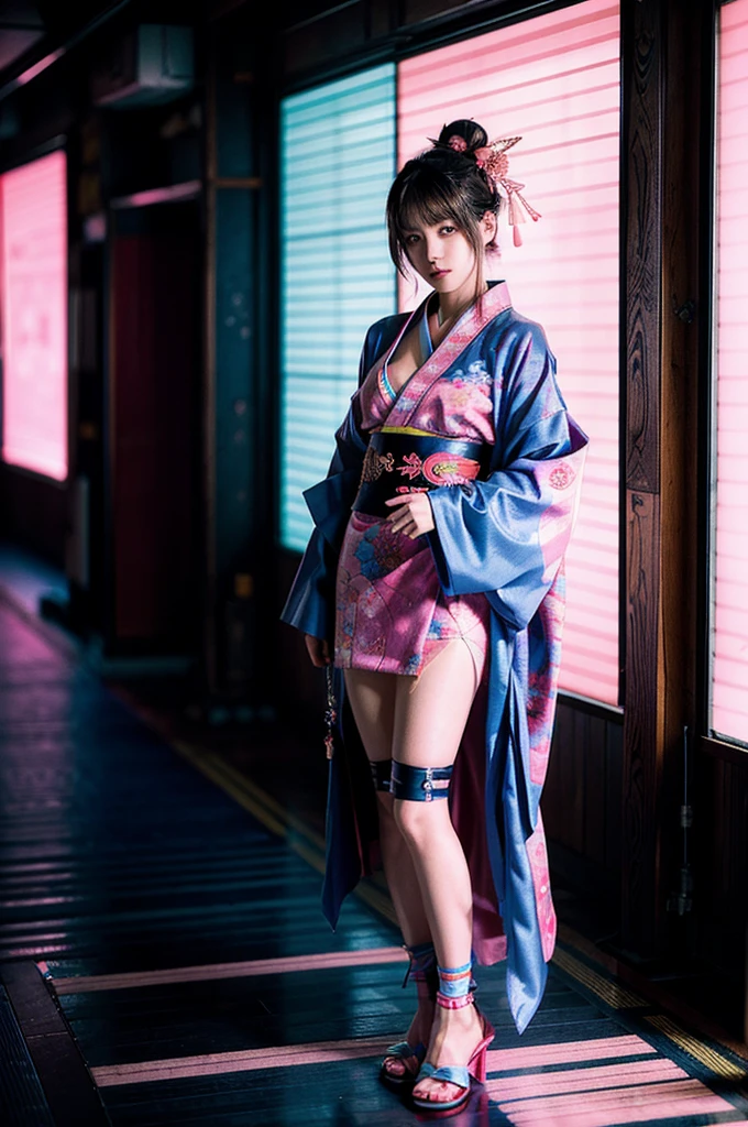 Japanese cyberpunk high fashion of Oiran kimono cool girl, kimono punk, cyberpunk, pink and blue neon color, full body standing,huge breasts, (Dynamic light and shadow, High resolution, Sharp focus, Depth of written boundary), against bright pink background, nsfw