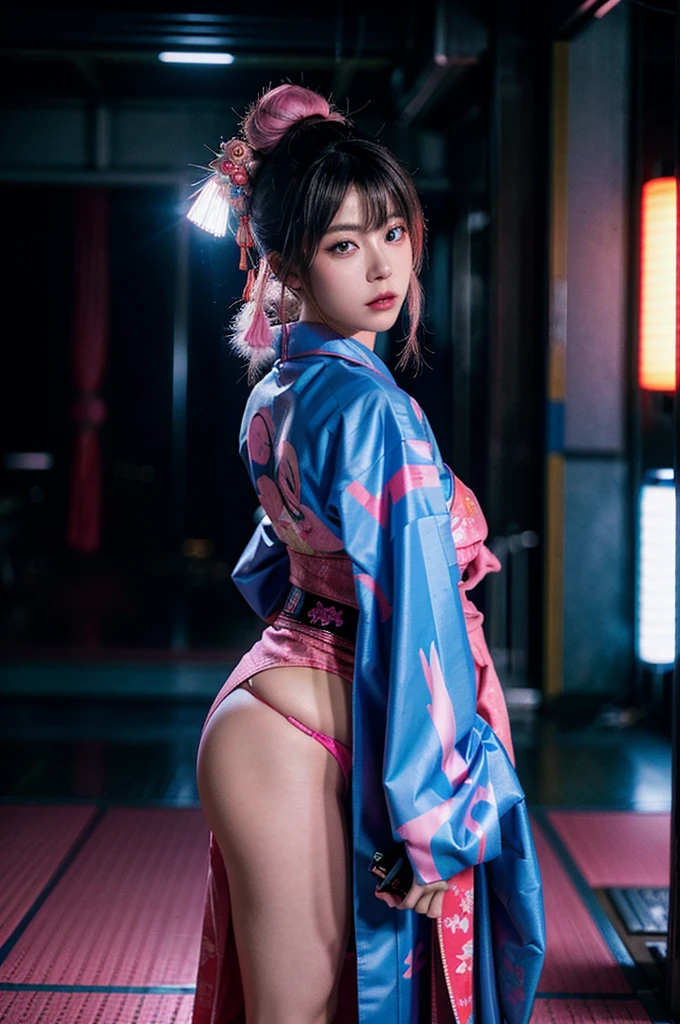 Japanese cyberpunk high fashion of Oiran kimono cool girl, kimono punk, cyberpunk, pink and blue neon color, full body standing,huge breasts, (Dynamic light and shadow, High resolution, Sharp focus, Depth of written boundary), against bright pink background, nsfw