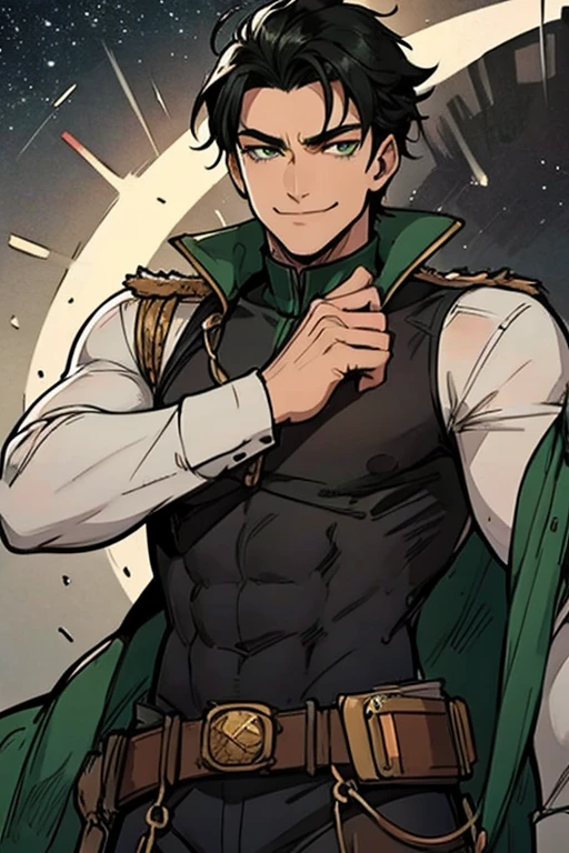 A muscular black haired man with green eyes in a sheriff's outfit is watching the stars in a wild west town with a big smile